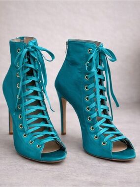 Teal Satin Lace-Up Heeled Booties Open Toe Size 9 Statement